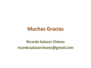 Muchas Gracias
Ricardo Salazar Chávez
ricardosalazarchavez@gmail.com
 