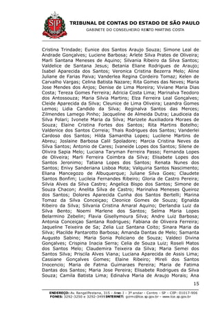 TRIBUNAL DE CONTAS DO ESTADO DE SÃO PAULO
GABINETE DO CONSELHEIRO RENATO MARTINS COSTA
ENDEREÇO: Av. RangelPestana, 315 - Anexo I - 3º andar - Centro - SP - CEP: 01017-906
FONES: 3292-3250 e 3292-3499 -INTERNET: gcrmc@tce.sp.gov.br - www.tce.sp.gov.br
15
Cristina Trindade; Eunice dos Santos Araujo Souza; Simone Leal de
Andrade Gonçalves; Luciene Barbosa; Arlete Silva Prates de Oliveira;
Marli Santana Meneses de Aquino; Silvania Ribeiro da Silva Santos;
Valdelice de Santana Jesus; Betania Eliane Rodrigues de Araujo;
Isabel Aparecida dos Santos; Veronica Cristina Bezerra Melo; Aline
Juliane de Farias Paiva; Vanderlea Regina Cordeiro Tomaz; Kelen de
Carvalho Vargas; Celina Batista Nazare; Rita Gomes das Neves; Maria
Jose Mendes dos Anjos; Denise de Lima Moreira; Viviane Maria Dias
Costa; Tereza Gomes Ferreira; Adricia Costa Lima; Marinalva Teodoro
dos Antossouza; Maria Silvia Martins; Elza Ferreira Leal Gonçalves;
Cleide Aparecida da Silva; Cleunice de Lima Oliveira; Leandra Gomes
Lemos; Lidia Candido da Silva; Reginalva Santos das Merces;
Zilmendes Lamego Pinho; Jacqueline de Almeida Dutra; Laudiceia da
Silva Polari; Ivonete Maria da Silva; Marizete Auxiliadora Moraes de
Souza; Elaine Cristina Fortes dos Santos; Rita Martins Botelho;
Valdenice dos Santos Correia; Thais Rodrigues dos Santos; Vanderlei
Cardoso dos Santos; Hilda Samantha Lopes; Lucilene Martins de
Abreu; Joslaine Barbosa Calil Spoladore; Marcia Cristina Neves da
Silva Santos; Antonio de Cares; Ivaneide Lopes dos Santos; Silene de
Olivira Sapia Melo; Luciana Taryman Ferreira Passo; Fernanda Lopes
de Oliveira; Marli Ferreira Coimbra da Silva; Elisabete Lopes dos
Santos Jeronimo; Tatiana Lopes dos Santos; Renata Nunes dos
Santos; Enivy Sanderiana Lisboa Mota; Valquiria Santos Nascimento;
Eliana Mancegozo de Albuquerque; Juliane Silva Goes; Claudete
Santos Bonfim; Lucileia Fernandes Ribeiro; Gloria de Castro Pereira;
Silvia Alves da Silva Castro; Angelica Bispo dos Santos; Simone de
Souza Chacon; Anelita Silva de Castro; Marinalva Meneses Queiroz
dos Santos; Dolores Aparecida Cunha dos Santos Bertelli; Marina
Tomaz da Silva Conceiçao; Cleonice Gomes de Souza; Egnalda
Ribeiro da Silva; Silvania Cristina Amaral Aquino; Derlandia Luiz da
Silva Bento; Noemi Marlene dos Santos; Selma Maria Lopes
Belarmino Zebelin; Flavia Gisellymoura Silva; Andre Luiz Barbosa;
Antonia Conceiçao Santana Rodrigues; Fabiana de Oliveira Ferreira;
Jaqueline Teixeira de Sa; Zelia Luz Santana Coito; Sinara Maria da
Silva; Placilde Pantarotto Barbosa; Amanda Dantas de Melo; Samanta
Augusto Sabino; Maria Sonia Policiano de Souza; Valdeci Divina
Gonçalves; Crispina Inacia Serra; Celia de Souza Luiz; Roseli Matos
dos Santos Melo; Claudemira Teixeira da Silva; Maria Semei dos
Santos Silva; Priscila Alves Viana; Luciana Aparecida de Assis Lima;
Cassiane Gonçalves Gomes; Elaine Ribeiro; Mireli dos Santos
Inocencio; Maria de Fatma Guimaraes Pereira; Maria de Fatima
Dantas dos Santos; Maria Jose Pereira; Elisabete Rodrigues da Silva
Souza; Camila Batista Lima; Edinalva Maria de Araujo Morais; Ana
 