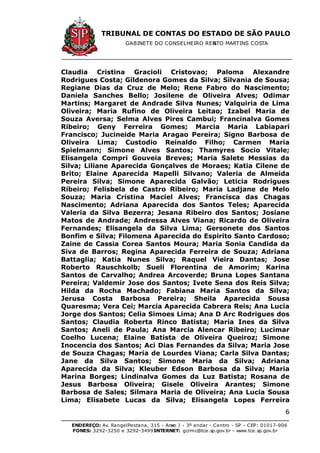 TRIBUNAL DE CONTAS DO ESTADO DE SÃO PAULO
GABINETE DO CONSELHEIRO RENATO MARTINS COSTA
ENDEREÇO: Av. RangelPestana, 315 - Anexo I - 3º andar - Centro - SP - CEP: 01017-906
FONES: 3292-3250 e 3292-3499 -INTERNET: gcrmc@tce.sp.gov.br - www.tce.sp.gov.br
6
Claudia Cristina Gracioli Cristovao; Paloma Alexandre
Rodrigues Costa; Gildenora Gomes da Silva; Silvania de Sousa;
Regiane Dias da Cruz de Melo; Rene Fabro do Nascimento;
Daniela Sanches Bello; Josilene de Oliveira Alves; Odimar
Martins; Margaret de Andrade Silva Nunes; Valquiria de Lima
Oliveira; Maria Rufino de Oliveira Leitao; Izabel Maria de
Souza Aversa; Selma Alves Pires Cambui; Francinalva Gomes
Ribeiro; Geny Ferreira Gomes; Marcia Maria Labiapari
Francisco; Jucineide Maria Aragao Pereira; Signo Barbosa de
Oliveira Lima; Custodio Reinaldo Filho; Carmen Maria
Spielmann; Simone Alves Santos; Thamyres Socio Vitale;
Elisangela Compri Gouveia Breves; Maria Salete Messias da
Silva; Liliane Aparecida Gonçalves de Moraes; Katia Cilene de
Brito; Elaine Aparecida Mapelli Silvano; Valeria de Almeida
Pereira Silva; Simone Aparecida Galvão; Leticia Rodrigues
Ribeiro; Felisbela de Castro Ribeiro; Maria Ladjane de Melo
Souza; Maria Cristina Maciel Alves; Francisca das Chagas
Nascimento; Adriana Aparecida dos Santos Teles; Aparecida
Valeria da Silva Bezerra; Jesana Ribeiro dos Santos; Josiane
Matos de Andrade; Andressa Alves Viana; Ricardo de Oliveira
Fernandes; Elisangela da Silva Lima; Gersonete dos Santos
Bonfim e Silva; Filomena Aparecida do Espirito Santo Cardoso;
Zaine de Cassia Corea Santos Moura; Maria Sonia Candida da
Siva de Barros; Regina Aparecida Ferreira de Souza; Adriana
Battaglia; Katia Nunes Silva; Raquel Vieira Dantas; Jose
Roberto Rauschkolb; Sueli Florentina de Amorim; Karina
Santos de Carvalho; Andrea Arcoverde; Bruna Lopes Santana
Pereira; Valdemir Jose dos Santos; Ivete Sena dos Reis Silva;
Hilda da Rocha Machado; Fabiana Maria Santos da Silva;
Jerusa Costa Barbosa Pereira; Sheila Aparecida Sousa
Quaresma; Vera Cei; Marcia Aparecida Cabrera Reis; Ana Lucia
Jorge dos Santos; Celia Simoes Lima; Ana D Arc Rodrigues dos
Santos; Claudia Roberta Rinco Batista; Maria Ines da Silva
Santos; Aneli de Paula; Ana Marcia Alencar Ribeiro; Lucimar
Coelho Lucena; Elaine Batista de Oliveira Queiroz; Simone
Inocencia dos Santos; Aci Dias Fernandes da Silva; Maria Jose
de Souza Chagas; Maria de Lourdes Viana; Carla Silva Dantas;
Jane da Silva Santos; Simone Maria da Silva; Adriana
Aparecida da Silva; Kleuber Edson Barbosa da Silva; Maria
Marina Borges; Lindinalva Gomes da Luz Batista; Rosana de
Jesus Barbosa Oliveira; Gisele Oliveira Arantes; Simone
Barbosa de Sales; Silmara Maria de Oliveira; Ana Lucia Sousa
Lima; Elisabete Lucas da Silva; Elisangela Lopes Ferreira
 