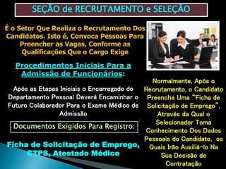 SEÇÃO de RECRUTAMENTO e SELEÇÃO
É o Setor Que Realiza o Recrutamento Dos
Candidatos. Isto é, Convoca Pessoas Para
Preencher as Vagas, Conforme as
Qualificações Que o Cargo Exige
Normalmente, Após o
Recrutamento, o Candidato
Preenche Uma “Ficha de
Solicitação de Emprego”,
Através da Qual o
Selecionador Toma
Conhecimento Dos Dados
Pessoais do Candidato, os
Quais Irão Auxiliá-lo Na
Sua Decisão de
Contratação
Procedimentos Iniciais Para a
Admissão de Funcionários:
Após as Etapas Iniciais o Encarregado do
Departamento Pessoal Deverá Encaminhar o
Futuro Colaborador Para o Exame Médico de
Admissão
Documentos Exigidos Para Registro:
Ficha de Solicitação de Emprego,
CTPS, Atestado Médico
 