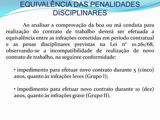 EQUIVALÊNCIA DAS PENALIDADES
             DISCIPLINARES
        Ao analisar a comprovação da boa ou má conduta para
realização do contrato de trabalho deverá ser efetuada a
equivalência entre as infrações cometidas em período contratual
e as penas disciplinares previstas na Lei n° 10.261/68,
observando-se a incompatibilidade de realização de novo
contrato de trabalho, na seguinte conformidade:

   • impedimento para efetuar novo contrato durante 5 (cinco)
   anos, quanto às infrações leves (Grupo I);

   • impedimento para efetuar novo contrato durante 10 (dez)
   anos, quanto às infrações grave (Grupo II).
 