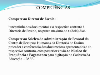 COMPETÊNCIAS

Compete ao Diretor de Escola:

•encaminhar os documentos e o respectivo contrato à
Diretoria de Ensino, no prazo máximo de 2 (dois) dias.

Compete ao Núcleo de Administração de Pessoal do
Centro de Recursos Humanos da Diretoria de Ensino
proceder a conferência dos documentos apresentados e do
respectivo contrato, com posterior envio ao Núcleo de
Frequência e Pagamento para digitação no Cadastro da
Educação – PAEF.
 