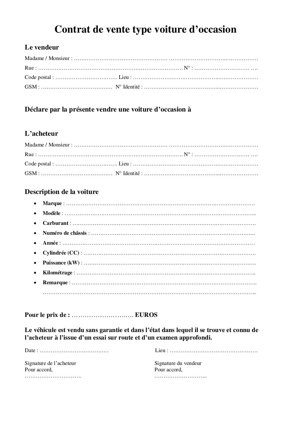 Contrat de vente type voiture