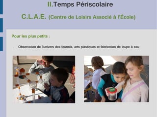 II.Temps Périscolaire
C.L.A.E. (Centre de Loisirs Associé à l’École)
Pour les plus petits :
•

Observation de l'univers des fourmis, arts plastiques et fabrication de loupe à eau

 