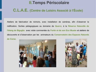 II.Temps Périscolaire
C.L.A.E. (Centre de Loisirs Associé à l’École)
Ateliers de fabrication de nichoirs, avec installation de caméras, afin d'observer la
nidification. Sorties pédagogiques au domaine de Querci, à la Réserve Naturelle de
l'étang de Biguglia avec visite commentée du Fortin et de son Eco Musée et ateliers de
découverte et d'observation par les animateurs du Conservatoire des Espaces Naturels
de Corse.

 