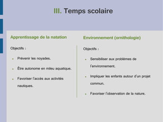 III. Temps scolaire
Apprentissage de la natation

Environnement (ornithologie)

Objectifs :

Objectifs :

●

Prévenir les noyades.

●

Être autonome en mileu aquatique.

●

Favoriser l'accès aux activités

●

Sensibiliser aux problèmes de
l'environnement.

●

Impliquer les enfants autour d'un projet
commun.

nautiques.
●

Favoriser l'observation de la nature.

 