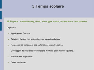 3.Temps scolaire
Multisports : Rollers,Hockey, Hand, Accro gym, Basket, Double dutch, Jeux collectifs.
Objectifs :
●

Appréhender l'espace.

●

Anticiper, évaluer des trajectoires par rapport au ballon.

●

Respecter les consignes, ses partenaires, ses adversaires.

●

Développer de nouvelles coordinations motrices et un nouvel équilibre.

●

Maîtriser ses trajectoires.

●

Gérer sa vitesse.

 