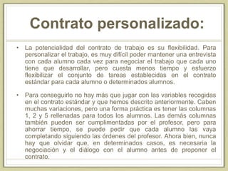 Contrato personalizado:
• La potencialidad del contrato de trabajo es su flexibilidad. Para
personalizar el trabajo, es muy difícil poder mantener una entrevista
con cada alumno cada vez para negociar el trabajo que cada uno
tiene que desarrollar, pero cuesta menos tiempo y esfuerzo
flexibilizar el conjunto de tareas establecidas en el contrato
estándar para cada alumno o determinados alumnos.
• Para conseguirlo no hay más que jugar con las variables recogidas
en el contrato estándar y que hemos descrito anteriormente. Caben
muchas variaciones, pero una forma práctica es tener las columnas
1, 2 y 5 rellenadas para todos los alumnos. Las demás columnas
también pueden ser cumplimentadas por el profesor, pero para
ahorrar tiempo, se puede pedir que cada alumno las vaya
completando siguiendo las órdenes del profesor. Ahora bien, nunca
hay que olvidar que, en determinados casos, es necesaria la
negociación y el diálogo con el alumno antes de proponer el
contrato.
 