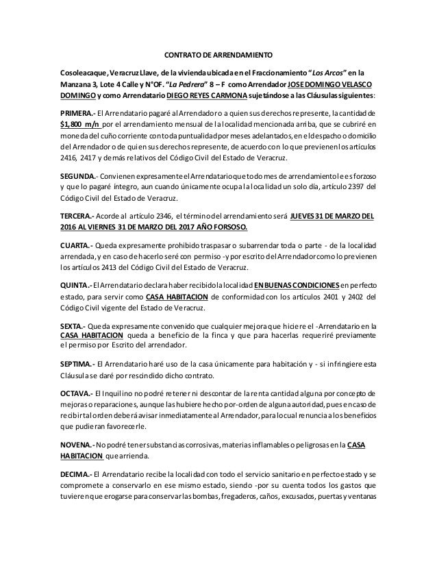 Contrato De Arrendamiento Acorde Al Codigo Civil De Veracruz