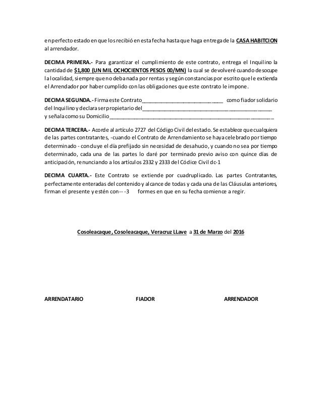 Contrato De Arrendamiento Acorde Al Codigo Civil De Veracruz