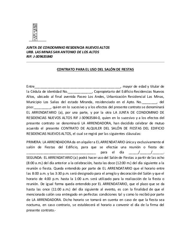 Modelo De Contrato De Alquiler De Salon Para Fiestas