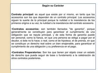 Según su Carácter
Contrato principal: es aquel que existe por sí mismo, en tanto que los
accesorios son los que dependen de un contrato principal. Los accesorios
siguen la suerte de lo principal porque la nulidad o la inexistencia de los
primeros origina a su vez, la nulidad o la inexistencia del contrato accesorio.
•Contratos accesorios: son también llamados "de garantía", porque
generalmente se constituyen para garantizar el cumplimiento de una
obligación que se reputa principal, y de esta forma de garantía puede
ser personal, como la fianza, en que una persona se obliga a pagar por el
deudor, si éste no lo hace; o real, como el de hipoteca, el de prenda, en que
se constituye un derecho real sobre un bien enajenable, para garantizar el
cumplimiento de una obligación y su preferencia en el pago.
•Contratos Preparatorios: Son los que tienen por objeto crear un estado
de derecho que pueda seguir de base o fundamento a la celebración de
otros contratos posteriores.
 