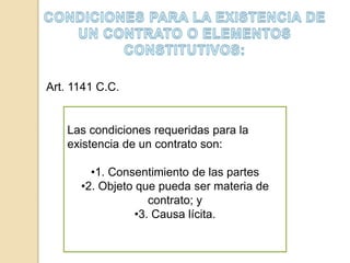 Las condiciones requeridas para la
existencia de un contrato son:
•1. Consentimiento de las partes
•2. Objeto que pueda ser materia de
contrato; y
•3. Causa lícita.
Art. 1141 C.C.
 