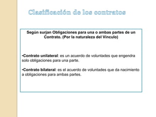 Según surjan Obligaciones para una o ambas partes de un
Contrato. (Por la naturaleza del Vínculo)
•Contrato unilateral: es un acuerdo de voluntades que engendra
solo obligaciones para una parte.
•Contrato bilateral: es el acuerdo de voluntades que da nacimiento
a obligaciones para ambas partes.
 