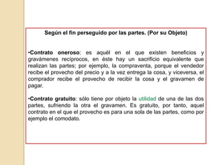 Según el fin perseguido por las partes. (Por su Objeto)
•Contrato oneroso: es aquél en el que existen beneficios y
gravámenes recíprocos, en éste hay un sacrificio equivalente que
realizan las partes; por ejemplo, la compraventa, porque el vendedor
recibe el provecho del precio y a la vez entrega la cosa, y viceversa, el
comprador recibe el provecho de recibir la cosa y el gravamen de
pagar.
•Contrato gratuito: sólo tiene por objeto la utilidad de una de las dos
partes, sufriendo la otra el gravamen. Es gratuito, por tanto, aquel
contrato en el que el provecho es para una sola de las partes, como por
ejemplo el comodato.
 