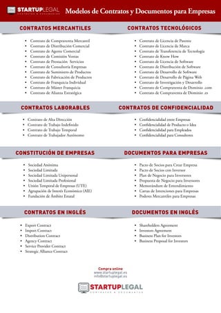 •	 Contrato de Compraventa Mercantil
•	 Contrato de Distribución Comercial
•	 Contrato de Agente Comercial
•	 Contrato de Comisión Ventas	
•	 Contrato de Prestación Servicios
•	 Contrato de Consultoría Empresas
•	 Contrato de Suministro de Productos
•	 Contrato de Fabricación de Productos
•	 Contrato de Franquicia Individual
•	 Contrato de Máster Franquicia
•	 Contrato de Alianza Estratégica
CONTRATOS MERCANTILES
Compra online
www.startuplegal.es
info@startuplegal.es
•	 Contrato de Alta Dirección	
•	 Contrato de Trabajo Indefinido
•	 Contrato de Trabajo Temporal
•	 Contrato de Trabajador Autónomo
•	 Confidencialidad entre Empresas
•	 Confidencialidad de Producto o Idea
•	 Confidencialidad para Empleados
•	 Confidencialidad para Consultores
Modelos de Contratos y Documentos para Empresas
•	 Contrato de Licencia de Patente
•	 Contrato de Licencia de Marca
•	 Contrato de Transferencia de Tecnología
•	 Contrato de Know How
•	 Contrato de Licencia de Software
•	 Contrato de Distribución de Software
•	 Contrato de Desarrollo de Software
•	 Contrato de Desarrollo de Página Web
•	 Contrato de Investigación y Desarrollo
•	 Contrato de Compraventa de Dominio .com
•	 Contrato de Compraventa de Dominio .es
•	 Sociedad Anónima
•	 Sociedad Limitada
•	 Sociedad Limitada Unipersonal
•	 Sociedad Limitada Profesional
•	 Unión Temporal de Empresas (UTE)
•	 Agrupación de Interés Económico (AIE)
•	 Fundación de Ámbito Estatal
•	 Pacto de Socios para Crear Empresa
•	 Pacto de Socios con Inversor
•	 Plan de Negocio para Inversores
•	 Propuesta de Negocio para Inversores
•	 Memorándum de Entendimiento
•	 Cartas de Intenciones para Empresas
•	 Poderes Mercantiles para Empresas
•	 Export Contract
•	 Import Contract
•	 Distribution Contract
•	 Agency Contract
•	 Service Provider Contract
•	 Strategic Alliance Contract
•	 Shareholders Agreement
•	 Investors Agreement
•	 Business Plan for Investors
•	 Business Proposal for Investors
CONTRATOS LABORABLES
CONSTITUCIÓN DE EMPRESAS
CONTRATOS EN INGLÉS
CONTRATOS TECNOLÓGICOS
CONTRATOS DE CONFIDENCIALIDAD
DOCUMENTOS PARA EMPRESAS
DOCUMENTOS EN INGLÉS
 