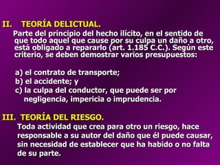 II.  TEORÍA DELICTUAL. Parte del principio del hecho ilícito, en el sentido de que todo aquel que cause por su culpa un daño a otro, está obligado a repararlo (art. 1.185 C.C.). Según este criterio, se deben demostrar varios presupuestos: a) el contrato de transporte;  b) el accidente; y  c) la culpa del conductor, que puede ser por  negligencia, impericia o imprudencia. III.  TEORÍA DEL RIESGO. Toda actividad que crea para otro un riesgo, hace  responsable a su autor del daño que él puede causar,  sin necesidad de establecer que ha habido o no falta  de su parte. 