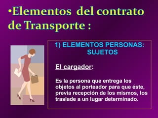 ELEMENTOS PERSONAS: SUJETOS El cargador :   Es la persona que entrega los objetos al porteador para que éste, previa recepción de los mismos, los traslade a un lugar determinado. 