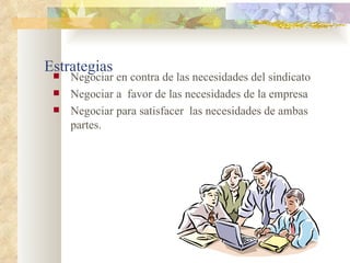 Estrategias
    Negociar en contra de las necesidades del sindicato
    Negociar a favor de las necesidades de la empresa
    Negociar para satisfacer las necesidades de ambas
     partes.
 