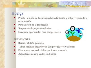 Huelga
    Prueba a fondo de la capacidad de adaptación y sobrevivencia de la
     organización
    Paralización de la producción
    Suspensión de pagos de salarios
    Excelente oportunidad para competidores

 PREVISIONES
   Reducir el daño potencial
   Tomar medidas precautorias con proveedores y clientes
   Planes para suspender labres en forma adecuada
   Actividades de empleados sin huelga
 
