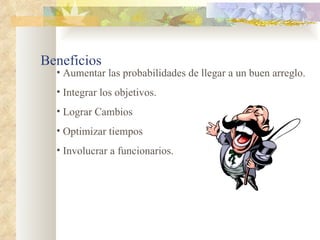 Beneficios
  • Aumentar las probabilidades de llegar a un buen arreglo.
  • Integrar los objetivos.
  • Lograr Cambios
  • Optimizar tiempos
  • Involucrar a funcionarios.
 