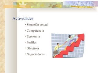 Actividades
      • Situación actual
      • Competencia
      • Economía
      • Perfiles
      • Objetivos
      • Negociadores
 