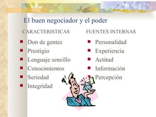 El buen negociador y el poder
CARACTERISTICAS          FUENTES INTERNAS
    Don de gentes           Personalidad
    Prestigio               Experiencia
    Lenguaje sencillo       Actitud
    Conocimientos           Información
    Seriedad                Percepción
    Integridad
 