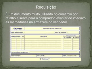  Pagamento/RecebimentoEncomendaAo efectuar uma compra, o comprador informa o vendedor da quantidade, qualidade e o preço das mercadorias que ira adquirir e será  combinado as  condições da entrega e quando será e onde efectuado o pagamento.Na quantidade ira indicar (se for por peso) o peso pretendido e (se for por numero de artigo) o numero desejado.Na qualidade define-se se o artigo é de amostra (quando o comprador escolhe a mercadoria através de uma pequena quantidade de mercadoria), á vista (o comprador tem na sua presença o artigo que pretende), por marca ou por definição de características.Na encomenda existem os seguintes documentos: nota de encomenda, nota de venda , requisição e ordem de compra.