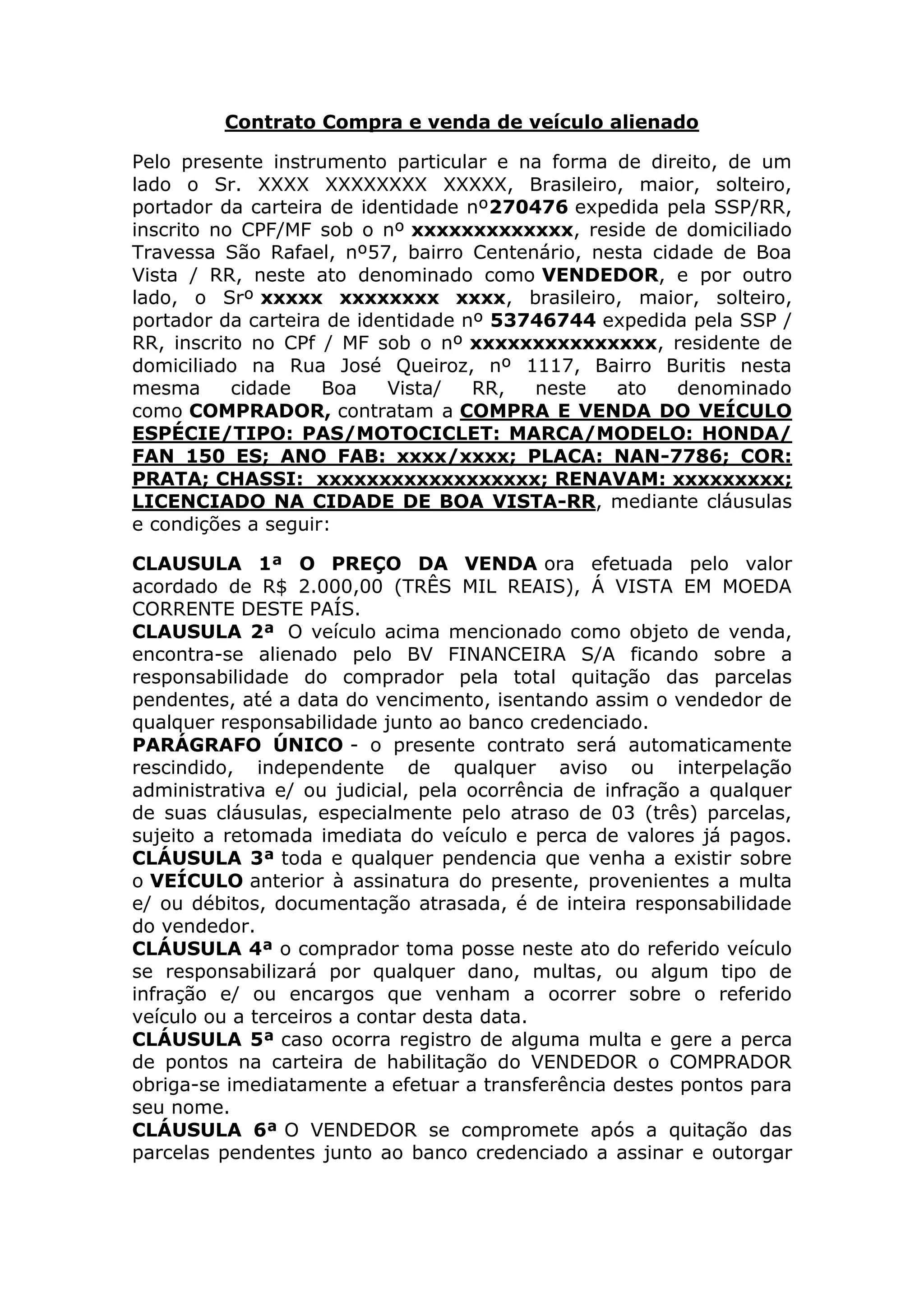 Contrato compra e venda de veículo alienado | PDF