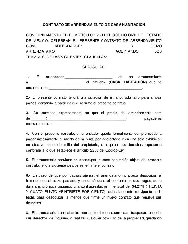 Contrato De Arrendamiento De Casa Habitacion
