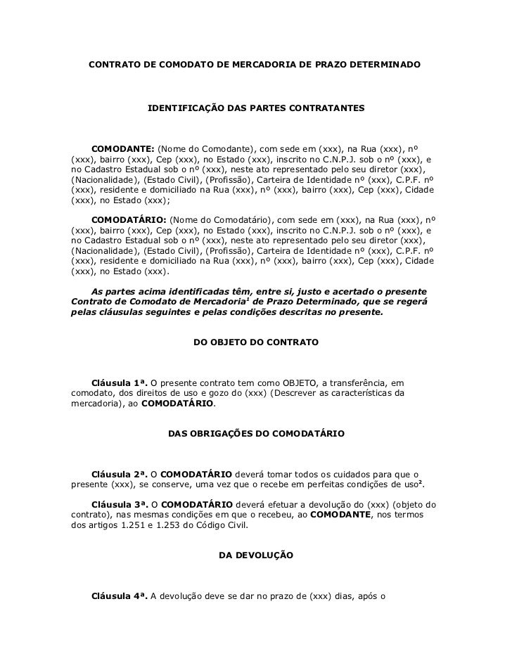 Contrato De Comodato De Mercadoria De Prazo Determinado