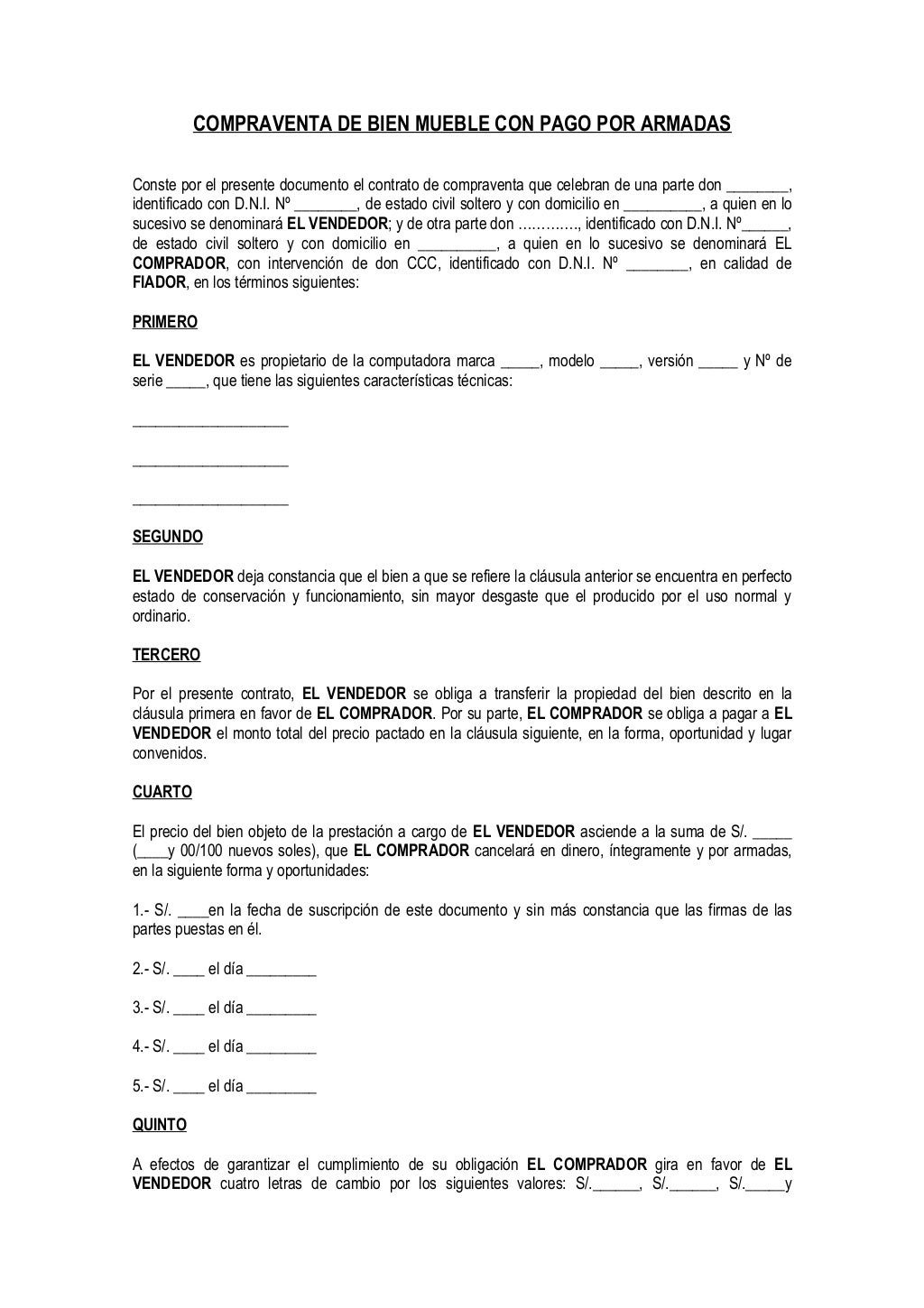Contrato de compra venta de bien mueble con pago en armadas