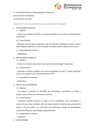 9. Comissão de Docência em Aprendizagem Cooperativa;
10.Comissão de Facilitadores;
11.Comissão de Interação.
Capítulo 5 O que compete a cada uma das funções?
1. ARTICULADOR DE CÉLULAS
1.1. Objetivo
- Construir um projeto de estudos em grupo, baseando-se nos 5 pilares da Aprendizagem
Cooperativa
1.2. O que fazemos
- Montagem de uma célula cooperativa, além de participar atividades formativas sobre a
Aprendizagem Cooperativa, como Formações, Interações, Apoios a Célula, entre outros.
1.3. Quantidade de membros
- 120 Membros
2. ARTICULADOR DE PROJETOS
2.1. Objetivo
- Construir um projeto, baseando-se nos 5 pilares da Aprendizagem Cooperativa
2.2. O que fazemos
- Organizar e facilitar projetos com outros estudantes da UFC. Podem participar
alunos de qualquer curso de graduação da UFC.
2.3. Quantidade de membros
- 10 Membros
3. APOIO À CÉLULA E PROJETOS
3.1. Objetivo
- Dar suporte e monitorar as atividades dos articuladores, acompanhar as células e
projetos, para certificar que funcionam a contento.
3.2. O que fazemos
- Promovem reuniões semanais de apoio com os articuladores, para acompanhar o
andamento das células e projetos. Além de visitas semanais a determinada quantidade de
células, a fim de verificar se o articulador está utilizando o método de aprendizagem
cooperativa (Pilares da aprendizagem) adequadamente.
3.3. Quantidade de membros
- 5 Membros
4. APOIO INTERNO
 