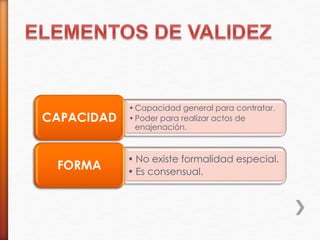 •Capacidad general para contratar.
•Poder para realizar actos de
enajenación.
CAPACIDAD
• No existe formalidad especial.
• Es consensual.
FORMA
 