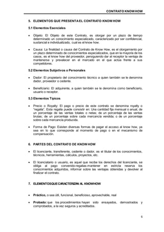 CONTRATO KNOWHOW
6
5. ELEMENTOS QUE PRESENTAEL CONTRATO KNOW HOW
5.1 Elementos Esenciales
 Objeto: El Objeto de este Contrato, es otorgar por un plazo de tiempo
determinado un conocimiento especializado, caracterizado por ser confidencial,
sustancial e individualizado, cual es el know how.
 Causa: La finalidad o causa del Contrato de Know How, es el otorgamiento por
un plazo determinado de conocimientos especializados, que en la mayoría de los
casos, es el know how del proveedor, persiguiendo dar al receptor la ventaja de
mantenerse y prevalecer en el mercado en el que actúa frente a sus
competidores.
5.2 Elementos Subjetivos o Personales
 Dador: El propietario del conocimiento técnico a quien también se le denomina
dador, proveedor o cedente.
 Beneficiario: El adquirente, a quien también se le denomina como beneficiario,
usuario o receptor.
5.3 Elementos Típicos
 Precio o Royalty: El pago o precio de este contrato se denomina royalty o
“regalía”. Esta regalía puede consistir en: Una cantidad fija mensual o anual, de
un porcentaje de las ventas totales o netas; de un porcentaje de las ventas
brutas; de un porcentaje sobre cada mercancía vendida; o de un porcentaje
sobre cada mercancía producida.
 Forma de Pago: Existen diversas formas de pagar el acceso al know how, ya
sea en lo que corresponde al momento de pago o en el mecanismo de
compensación.
6. PARTES DEL CONTRATO DE KNOW HOW
 El licenciante, transferente, cedente o dador, es el titular de los conocimientos,
técnicos, herramientas, cálculos, proyectos, etc.
 El licenciatario o usuario, es aquel que recibe los derechos del licenciante, se
obliga al pago convenido-regalias-mantener en estricta reserva los
conocimientos adquiridos, informar sobre las ventajas obtenidas y devolver al
finalizar el contrato.
7. ELEMENTOSQUECARACTERIZAN AL KNOWHOW
 Práctico, o sea útil, funcional, beneficioso, aprovechable, real
 Probado: que los procedimientos hayan sido ensayados, demostrados y
comprobados, a la vez seguros y acreditados.
 