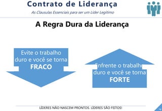 LÍDERES NÃO NASCEM PRONTOS. LÍDERES SÃO FEITOS! 14
Contrato de Liderança
As Clausulas Essenciais para ser um Líder Legítimo
A Regra Dura da Liderança
Evite o trabalho
duro e você se torna
FRACO Enfrente o trabalho
duro e você se torna
FORTE
 