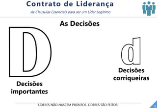 LÍDERES NÃO NASCEM PRONTOS. LÍDERES SÃO FEITOS! 15
Contrato de Liderança
As Clausulas Essenciais para ser um Líder Legítimo
As Decisões
Decisões
importantes
Decisões
corriqueiras
 