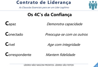 LÍDERES NÃO NASCEM PRONTOS. LÍDERES SÃO FEITOS! 23
Contrato de Liderança
As Clausulas Essenciais para ser um Líder Legítimo
Os 4C’s da Confiança
Capaz Demonstra capacidade
Conectado Preocupa-se com os outros
Crível Age com integridade
Correspondente Mantem fidelidade
 