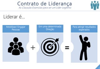 4
Contrato de Liderança
As Clausulas Essenciais para ser um Líder Legítimo
Mobilizar/ Engajar
Pessoas
Em uma determinada
Direção
Para atingir resultados
esperados
+ =
Liderar é...
 