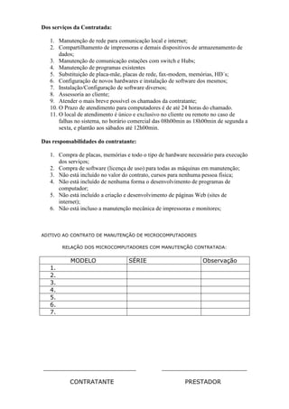 Dos serviços da Contratada:

   1. Manutenção de rede para comunicação local e internet;
   2. Compartilhamento de impressoras e demais dispositivos de armazenamento de
       dados;
   3. Manutenção de comunicação estações com switch e Hubs;
   4. Manutenção de programas existentes
   5. Substituição de placa-mãe, placas de rede, fax-modem, memórias, HD´s;
   6. Configuração de novos hardwares e instalação de software dos mesmos;
   7. Instalação/Configuração de software diversos;
   8. Assessoria ao cliente;
   9. Atender o mais breve possível os chamados da contratante;
   10. O Prazo de atendimento para computadores é de até 24 horas do chamado.
   11. O local de atendimento é único e exclusivo no cliente ou remoto no caso de
       falhas no sistema, no horário comercial das 08h00min as 18h00min de segunda a
       sexta, e plantão aos sábados até 12h00min.

Das responsabilidades do contratante:

   1. Compra de placas, memórias e todo o tipo de hardware necessário para execução
      dos serviços;
   2. Compra de software (licença de uso) para todas as máquinas em manutenção;
   3. Não está incluído no valor do contrato, cursos para nenhuma pessoa física;
   4. Não está incluído de nenhuma forma o desenvolvimento de programas de
      computador;
   5. Não está incluído a criação e desenvolvimento de páginas Web (sites de
      internet);
   6. Não está incluso a manutenção mecânica de impressoras e monitores;



ADITIVO AO CONTRATO DE MANUTENÇÃO DE MICROCOMPUTADORES

        RELAÇÃO DOS MICROCOMPUTADORES COM MANUTENÇÃO CONTRATADA:


           MODELO                  SÉRIE                         Observação
   1.
   2.
   3.
   4.
   5.
   6.
   7.




_________________________                       _______________________

           CONTRATANTE                                    PRESTADOR
 