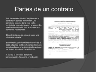 Partes de un contrato
Las partes del Contrato Las partes en el
contrato de obra se denominan: Una
comitente o dueño de la obra y otra
contratista, operario, obrero y artesano. En
realidad los términos más aceptados son
comitente y contratista.
El contratista que se obliga a hacer una
obra determinada.
El comitente, generalmente el dueño de la
cosa adquirida o el beneficiario del servicio,
por el cual paga una determinada cantidad
de dinero, en calidad de retribución.
A su vez el precio se denomina
compensación, honorario o retribución.
 