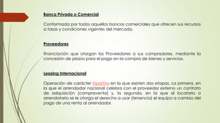 Banca Privada o Comercial 
Conformada por todos aquellos bancos comerciales que ofrecen sus recursos 
a tasas y condiciones vigentes del mercado. 
Proveedores 
financiación que otorgan los Proveedores a sus compradores, mediante la 
concesión de plazos para el pago en la compra de bienes y servicios. 
Leasing Internacional 
Operación de carácter tripartita en la que existen dos etapas. La primera, en 
la que el arrendador nacional celebra con el proveedor externo un contrato 
de adquisición (compraventa) y, la segunda, en la que al locatario o 
arrendatario se le otorga el derecho a usar (tenencia) el equipo a cambio del 
pago de una renta al arrendador. 
 