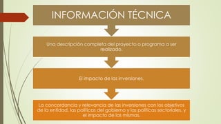 INFORMACIÓN TÉCNICA 
Una descripción completa del proyecto o programa a ser 
realizado. 
El impacto de las inversiones. 
La concordancia y relevancia de las inversiones con los objetivos 
de la entidad, las políticas del gobierno y las políticas sectoriales, y 
el impacto de las mismas. 
 