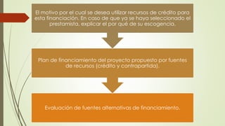 El motivo por el cual se desea utilizar recursos de crédito para 
esta financiación. En caso de que ya se haya seleccionado el 
prestamista, explicar el por qué de su escogencia. 
Plan de financiamiento del proyecto propuesto por fuentes 
de recursos (crédito y contrapartida). 
Evaluación de fuentes alternativas de financiamiento. 
 