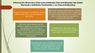 Información Financiera (Solo para Entidades Descentralizadas del Orden 
Nacional y Entidades Territoriales y sus Descentralizadas) 
Estados financieros auditados de los 
últimos tres años y proyectados a 
tres años. 
Ejecución presupuestal de los últimos 
tres años, presupuesto de la vigencia 
y proyecciones de flujo de caja a tres 
años, sustentados en supuestos 
macroeconómicos. 
Servicio de la deuda de los 
créditos vigentes y programados, 
desagregando intereses y 
amortizaciones. Adicionalmente 
para cada crédito se deberán 
especificar las condiciones 
financieras. 
Certificación del saldo de la 
deuda firmada por el contralor 
municipal o departamental. 
Autorización del concejo municipal, 
asamblea departamental o de la 
junta o consejo directivo de la 
entidad (según corresponda). 
 
