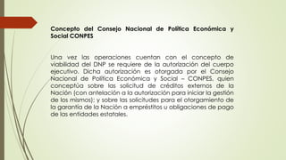 Concepto del Consejo Nacional de Política Económica y 
Social CONPES 
Una vez las operaciones cuentan con el concepto de 
viabilidad del DNP se requiere de la autorización del cuerpo 
ejecutivo. Dicha autorización es otorgada por el Consejo 
Nacional de Política Económica y Social – CONPES, quien 
conceptúa sobre las solicitud de créditos externos de la 
Nación (con antelación a la autorización para iniciar la gestión 
de los mismos); y sobre las solicitudes para el otorgamiento de 
la garantía de la Nación a empréstitos u obligaciones de pago 
de las entidades estatales. 
 