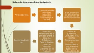 Deberá incluir como mínimo lo siguiente: 
Antecedentes 
Justificación del 
Proyecto 
(Técnica, 
Económica y 
Social) 
Evaluación de 
las alternativas 
de Financiación 
Descripción del 
Proyecto 
(Objetivo, 
Componentes, 
Costos, 
Programación 
de 
Desembolsos, 
Esquema de 
Ejecución e 
Indicadores de 
seguimiento) 
Situación 
Financiera de la 
Entidad (Para el 
caso de 
Entidades 
Descentralizas 
cuando 
solicitan 
Garantía de la 
Nación) 
Recomendacio 
nes 
 