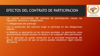 EFECTOS DEL CONTRATO DE PARTICIPACION
• Los sujetos contratantes del contrato de participación, tienen los
siguientes derechos y obligaciones:
• 1) Obligaciones del participe
• Con la perfección del contrato surge el participe en dos obligaciones
básicas:
• A) Realizar su aportación en los términos pactados. La aportación como
anteriormente puede consistir en dinero o en cualquier bien patrimonial.
• B) El participe no puede inmiscuiré en la actividad empresarial del
gestor. Sin perjuicio de que las partes puedan establecer algún sistema
de control.
 