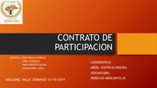 CONTRATO DE
PARTICIPACION
GRUPO# 3: SINDY PAOLA CARDENAS
ADIEL CARDENAS.
DAVID ERNESTO GALEAS.
HELDER ARIEL LOPEZ.
CATEDRATICO:
ABOG. EUSTACIA MOLINA
ASIGNATURA:
DERECHO MERCANTIL IIINACAOME, VALLE DOMINGO 13/10/2019
 