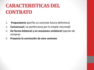 CARACTERISTICAS DEL
CONTRATO
1. Preparatorio (perfila un contrato futuro definitivo)
2. Consensual ( se perfecciona por la simple voluntad)
3. De forma bilateral y en ocasiones unilateral (opción de
   compra).
4. Proyecta la conclusión de otro contrato
 